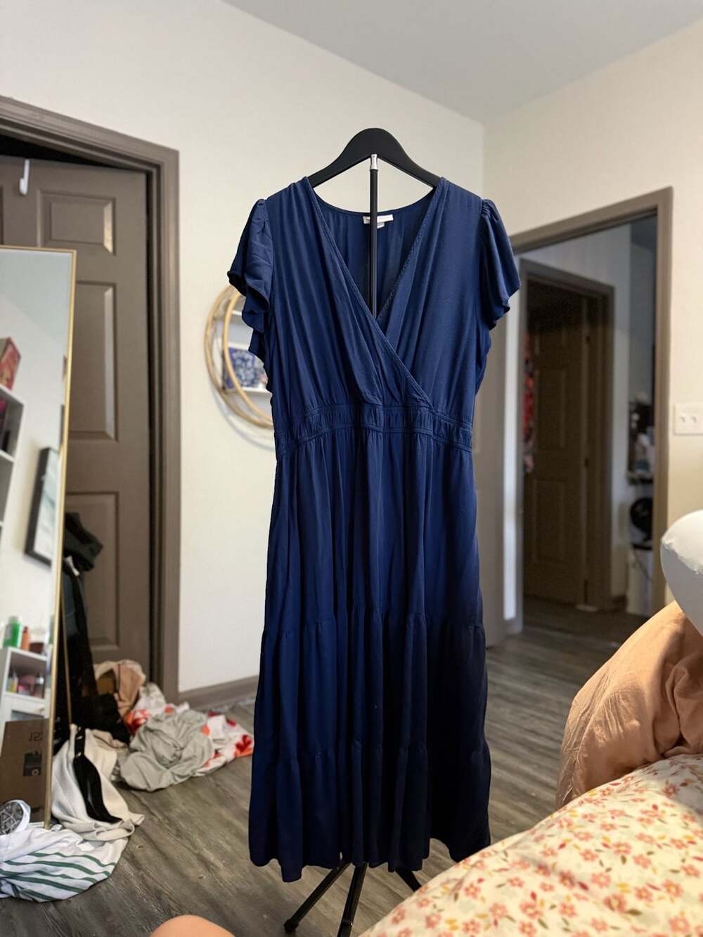 Knox Rose Midi Dress Size XXL Blue Flutter Short Sleeve Tiered Faux Wrap
